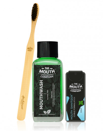 The Mouth Company Peppermint 100ml Mouthwash (Alcohol Free) and Mint Mouth Sanitizer Combo with  Flat  Handle Bamboo Toothbrush