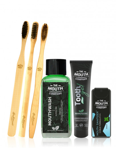 The Mouth Company Peppermint 20 gm Toothgel, 100ml Mouthwash (Alcohol Free) and Mint Mouth Sanitizer Gift Pack along with Gentlebrush Family Pack