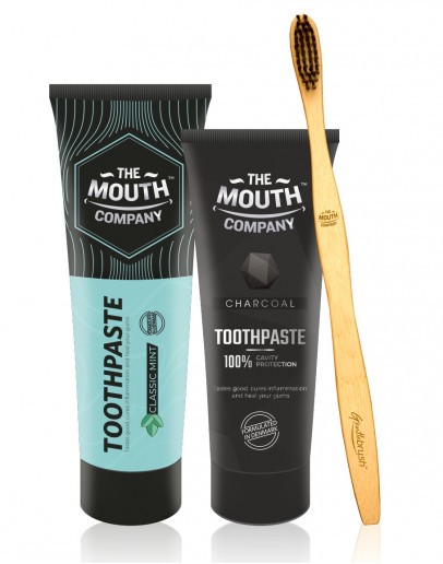 The Mouth Company Classic Mint 100 gm Toothpaste and Charcoal 75gm Toothpaste Combo with S-Curve Handle Bamboo Toothbrush