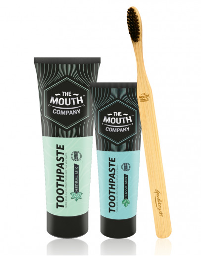 The Mouth Company Classic Mint 50 gm Toothpaste and Herbal Mixl 75gm Toothpaste Combo with Flat  Handle Bamboo Toothbrush