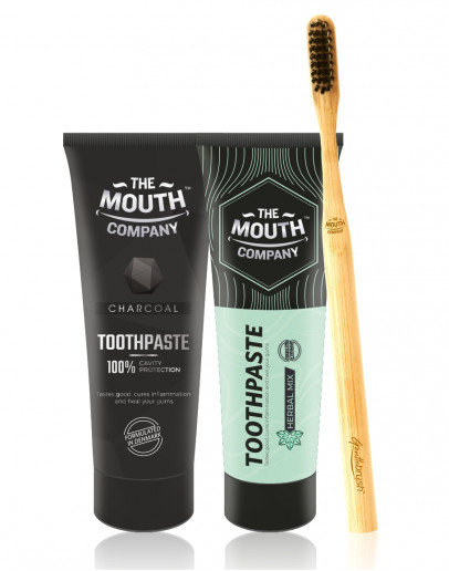 The Mouth Company Herbal Mix 75 gm Toothpaste and Charcoal 75gm Toothpaste Combo with Rounded  Handle Bamboo Toothbrush