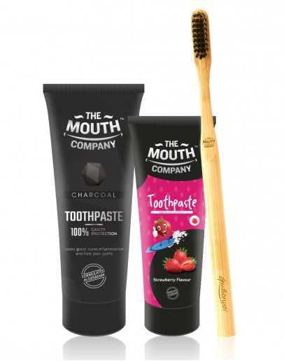Charcoal Toothpaste 75gm and Strawberry Toothpaste 50gm Combo with Round Handle Bamboo Toothbrush