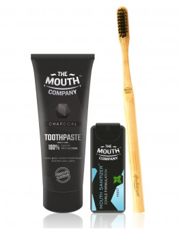 The Mouth Company Charcoal 75 gm Toothpaste and Mouth Sanitizer Combo with Rounded Handle Bamboo Toothbrush