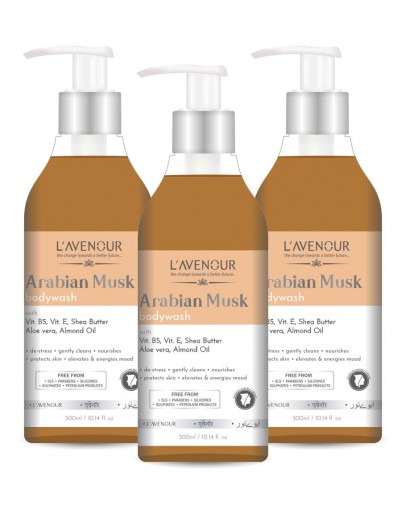 L'avenour Arabian Musk Bodywash with Shea Butter, Aloe Vera & Almond Oil | For Gentle Cleansing for Women & Men, SLS & Paraben Free - 300ml (Pack of 3)