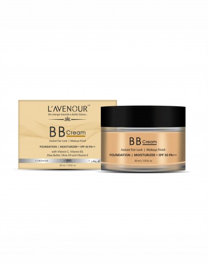 L'avenour BB Cream Instant Fair Look, Makeup Finish & UV Protection with Shea Butter, Olive Oil, Vitamin E, Vitamin B3, Vitamin C, SPF 30 PA++