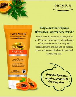 L'avenour Papaya Blemishes Control Face Wash with Vitamin E, Papaya Ext. & Aloe Vera for Men & Women, Promotes Healthy Skin, Exfoliates Your SKin, Treat Acne & Reduce Hyper-Pigmentation 100ml