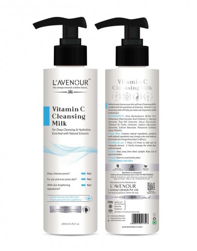 L'avenour Vitamin C Cleansing Milk for Deep Cleansing, Hydration, Soft & Glowing Skin | For All Skin Types - 200ml (Pack of 2)