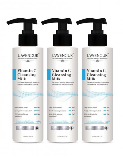 L'avenour Vitamin C Cleansing Milk for Deep Cleansing, Hydration, Soft & Glowing Skin | For All Skin Types - 200ml (Pack of 3)